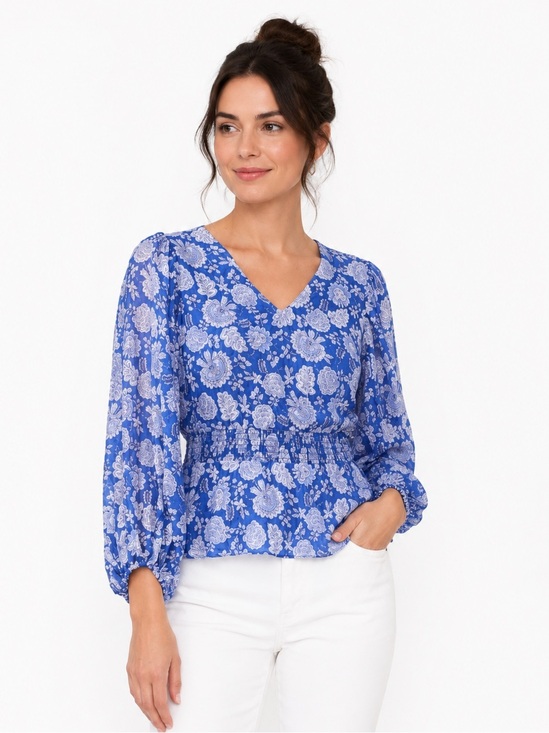 Vince Camuto Tops - Vince Camuto V-Neck Peplum Top Blue and White Floral Blouse Top Size Small